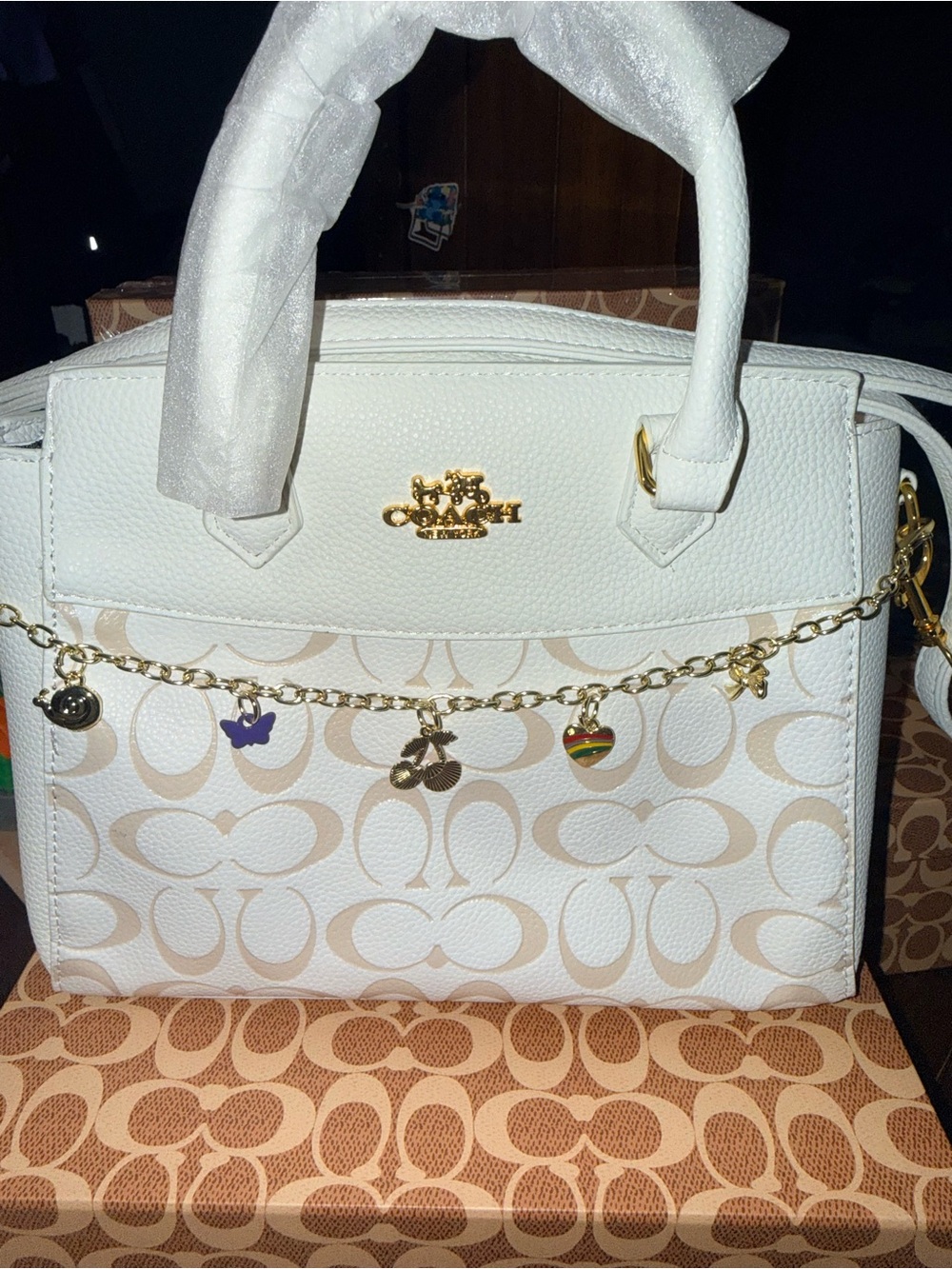 Coach White Signature Satchel with Gold Charm Chain